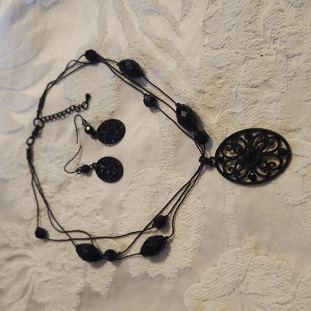 Black Jet Bead Necklace & Earrings
